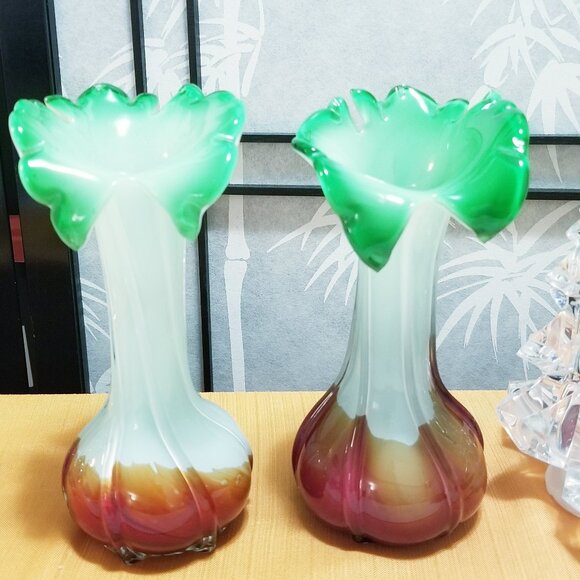 Vintage MCM Jack In The Pulpit Murano Style Green & Cranberry Bud Vase- Like new - Picture 6 of 6